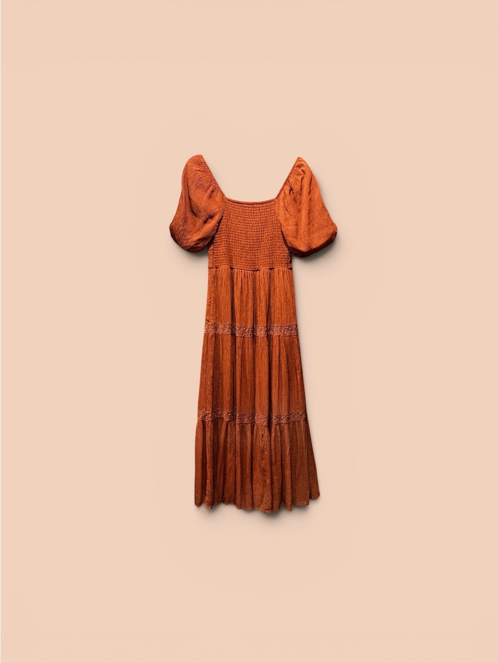 Flying Tomato Tiered Brown Dress Puffed Sleeves - Picture 3 of 3